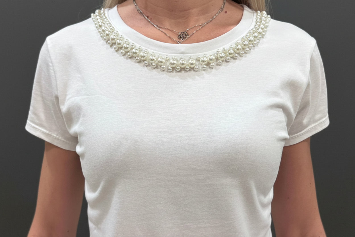 T-SHIRT BIANCA COLLO DI PERLE - Paprika